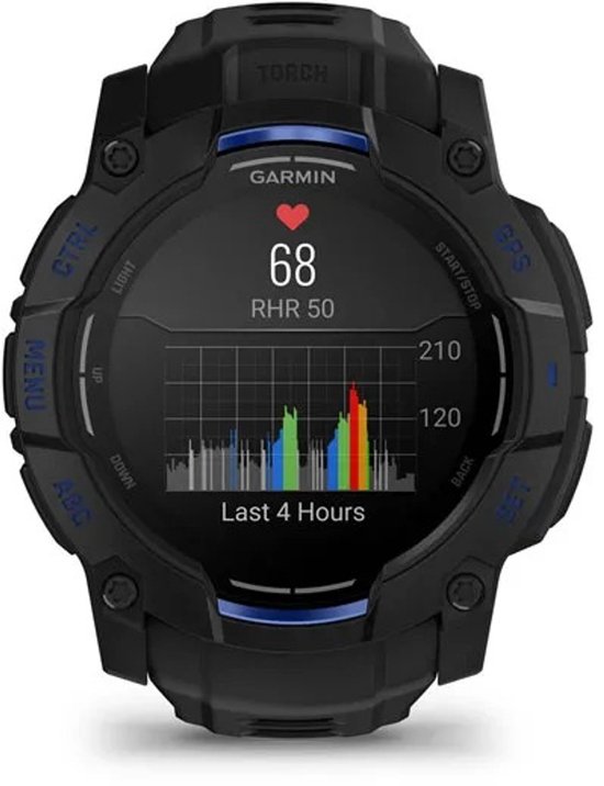Zwarte Garmin smartwatch met blauwe accenten. Het scherm toont een hartslagmeter met grafiek.