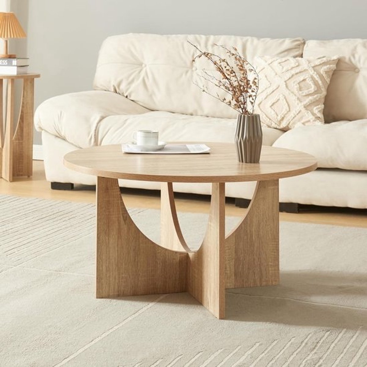 Salontafel Rond - Bijzettafel Hout - Woonkamer Decoratie - Makkelijk te Monteren - 415x80 cm - Eiken