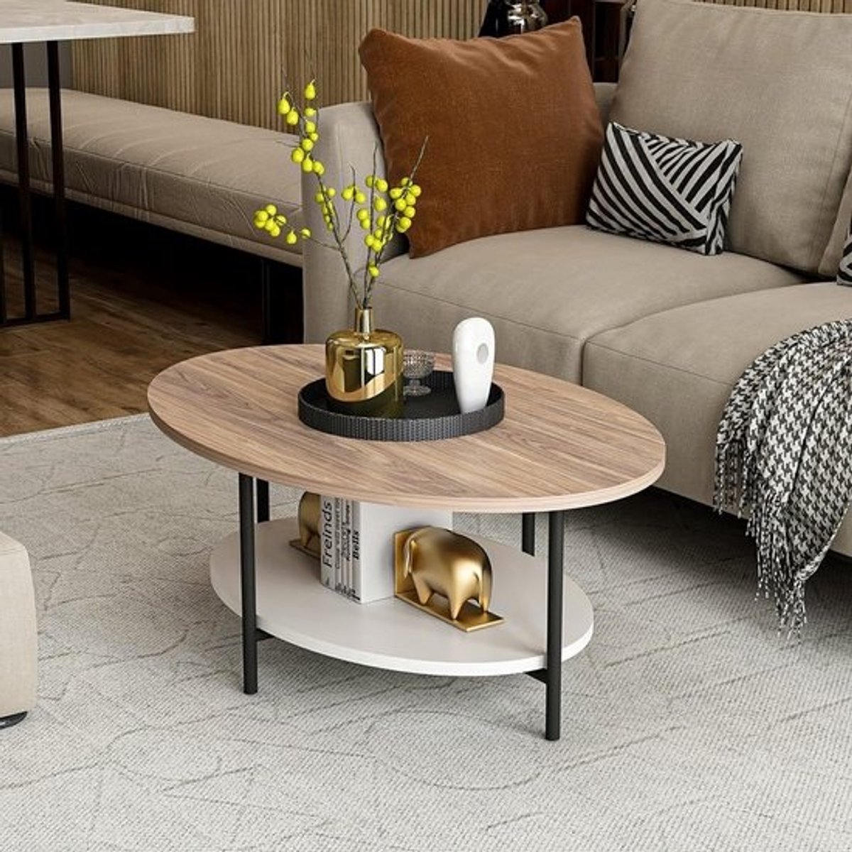 Salontafel met Opbergruimte Eikenhout Wit en Zwart