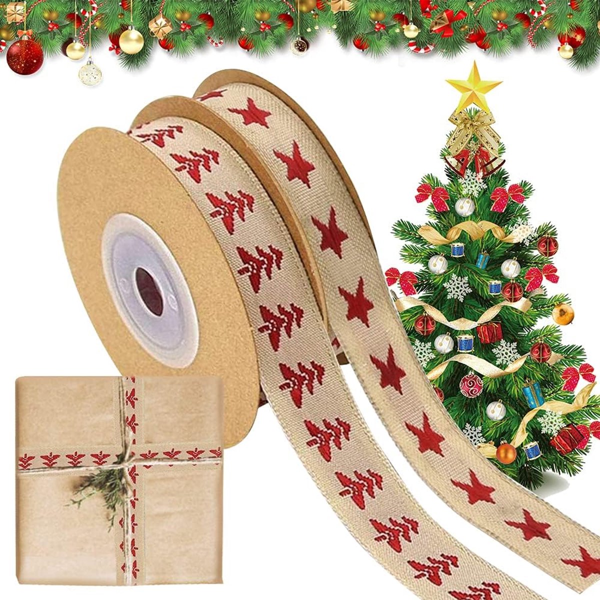 2 rollen, bruin kerstcadeauverpakkingslint ambachtelijke katoenen lint kerstboom ster linten, 9,2 m kerstlinten voor geschenkverpakking/ambachten/kerstboomstrikken, taarten kaarten decor