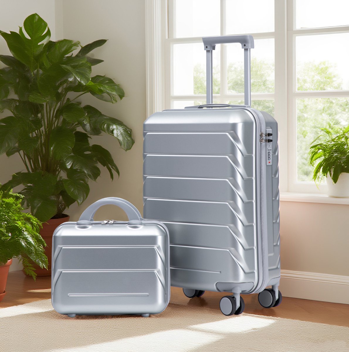 MEUNIQ 2-delige ABS hardcase kofferset 14/19 inch met cijferslot, 360° dubbele spinnerwielen, telescopische handgreep en cosmeticakoffer, zilver