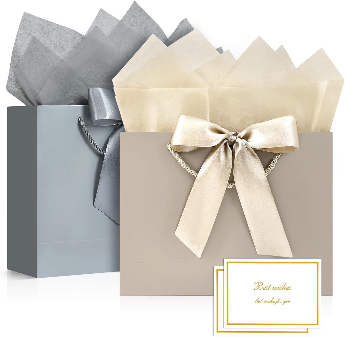 Papieren cadeautassen - Set van 2 grote cadeautassen met handvatten, afmetingen 28,4 x 20,9 x 10 cm, luxe strik, inclusief 2 kaartjes, geschikt voor verjaardagsfeestjes, bruiloften en andere gelegenheden,Zilver + Champagne,28x20x10cm