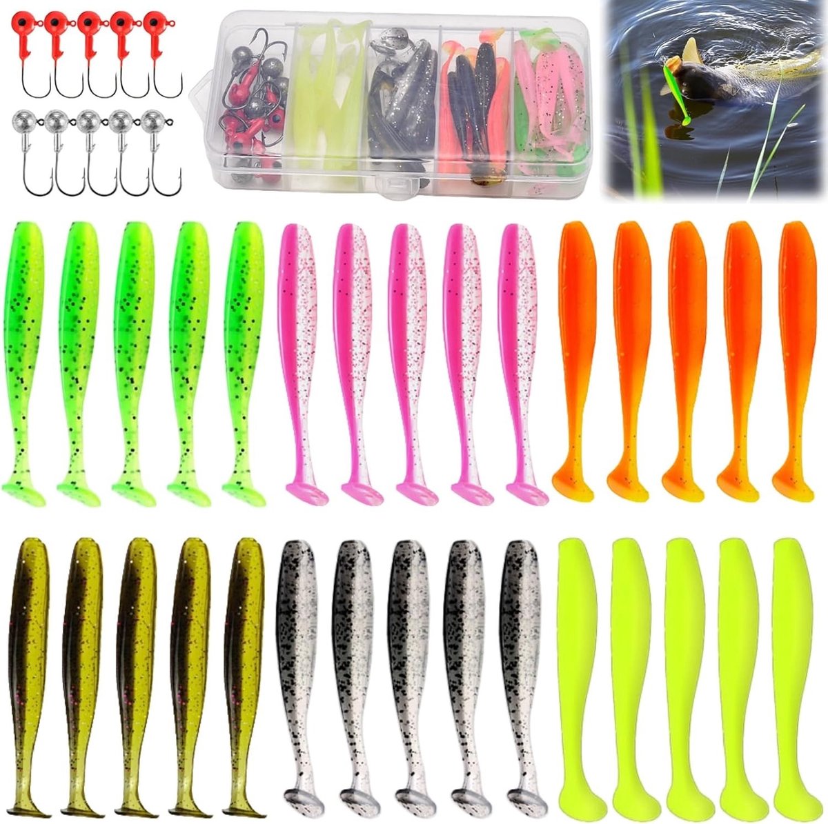 Set van 40 Kunstmatige Aas Soft Plastic Vissen Baits voor Baarsvissen, Inclusief Rubber Aas voor Zoet- en Zoutwater Vissen, Perfect voor Sportvissen en Hengelsportaccessoires