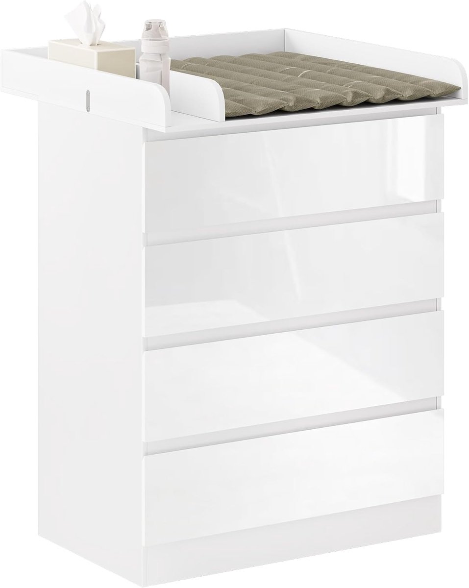 Wikkelcommode met afneembaar aankleedkussen, babycommode met 4 laden, hoogte 110 cm, wit + hoogglans wit