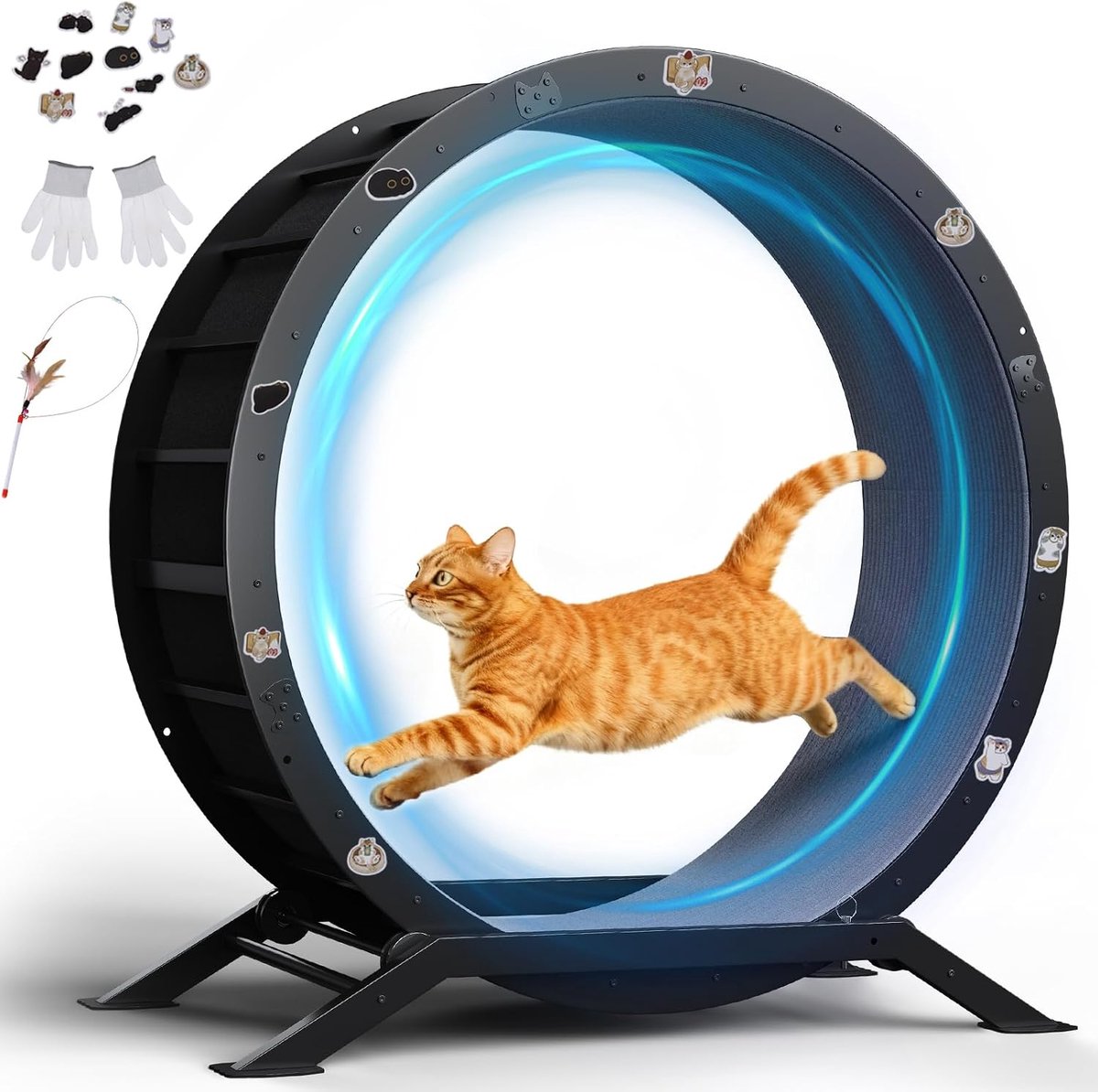 Kattenwiel, oefenwiel voor katten, XL - 100 cm, ultra-stil met afneembare mat, stickers, vergrendelingssysteem, metaal, zwart, cadeaus voor je katten
