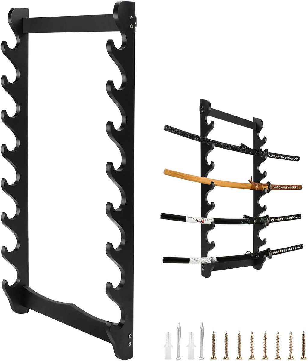 8-Step Katana Wandbevestiging Zwart, Houten Zwaardhouder 75x32cm voor Vissen, Zwaarden en Muziekfluiten