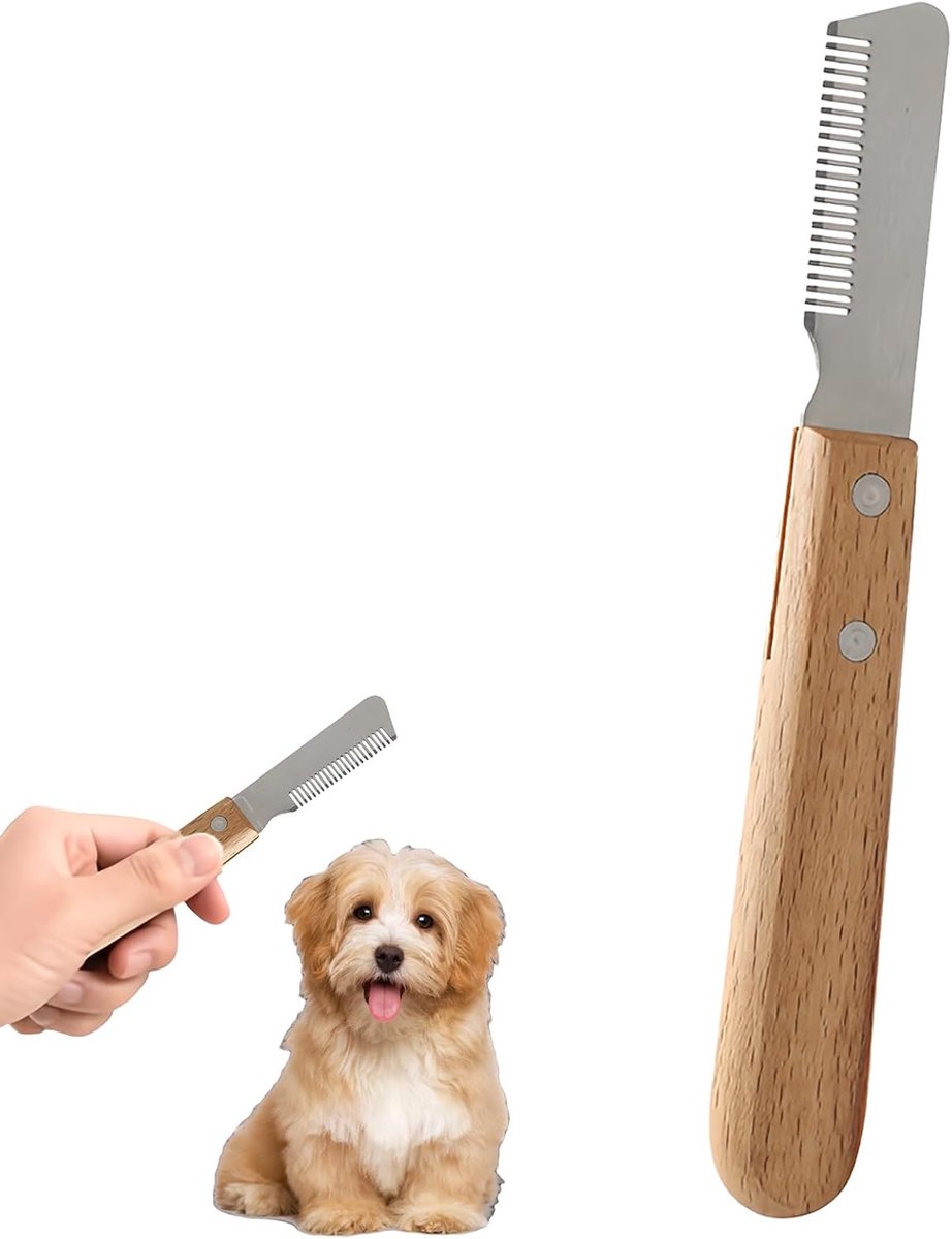 Hondentrimmes met houten handgreep en roestvrijstalen mes, plukmes voor ruwharige teckel, terriër en honden met dikke vacht, rechtshandig vachtgereedschap
