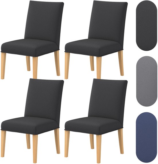 Quatre housses de chaise gris foncé sur des chaises de salle à manger avec une sélection de variantes de couleurs à droite.