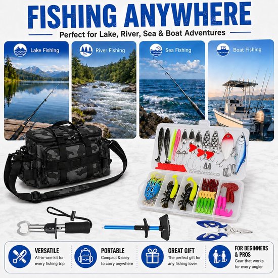Complete Vissersset 111 Delig, 107 Kunstaas en Visaccessoires, Vis Tang, Onthaker, Visgrijper, Hengelsport Starterset voor Snoek Baars Forel — afbeelding 4
