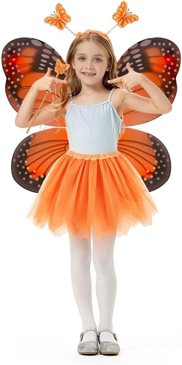 4-delig meisjeskostuum, vleugels, toverstaf, hoofdband en tutu, prinsessenkostuum voor kinderen, meisjes, carnaval, party