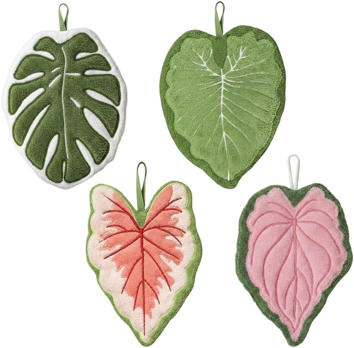 Handdoeken, set van 4 hangdoeken in bladvorm met ophanglus, sneldrogend, absorberend koraalfleece, handdoek voor keuken en badkamer