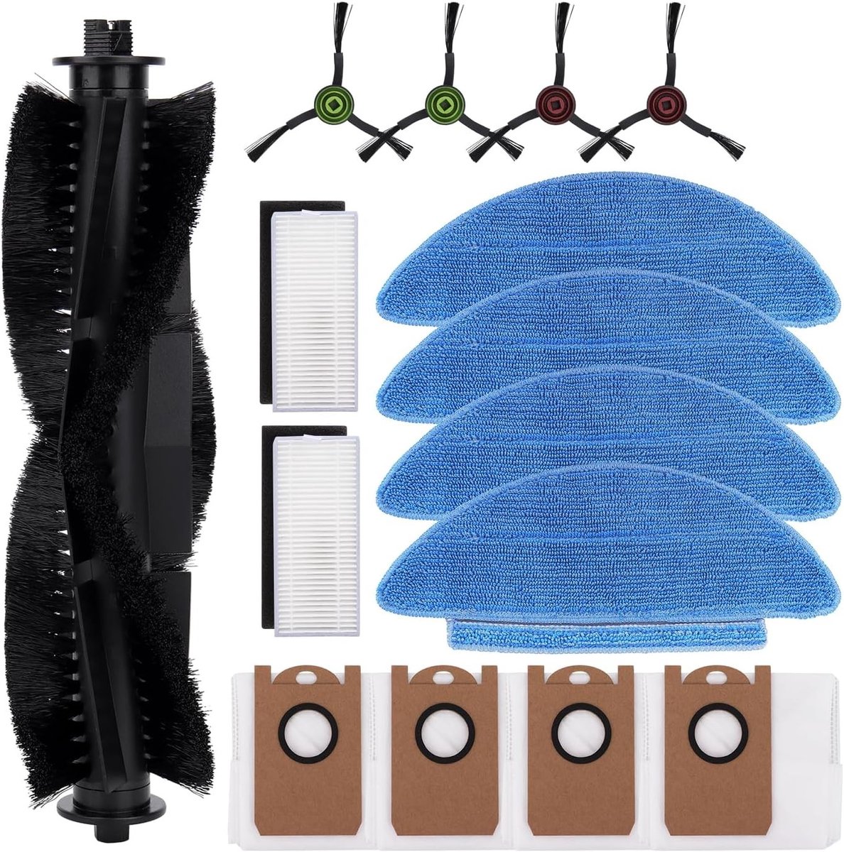 Accessoires voor stofzuiger, inclusief 1 hoofdborstel, 4 zijborstels, 2 filters, 4 doeken en 4 stofzakken (15 stuks) voor optimale reiniging en onderhoud