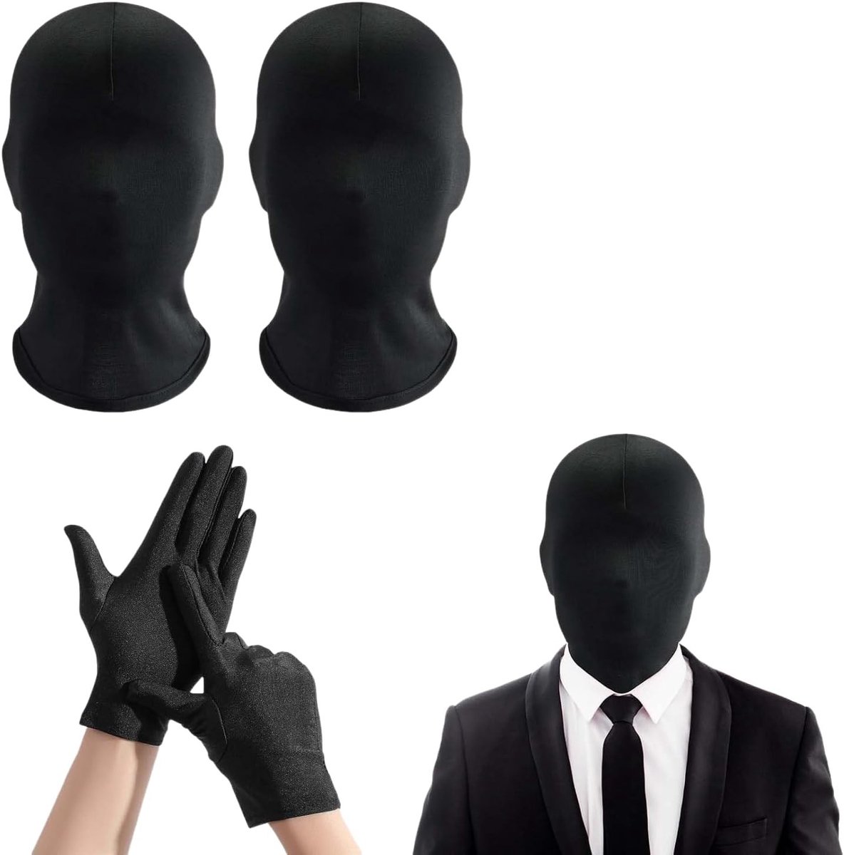 Halloween masker - Zwart - Set van 2 volledige gezichtsmaskers met handschoenen en tattoo stickers - Elastisch ademend unisex kostuumaccessoire