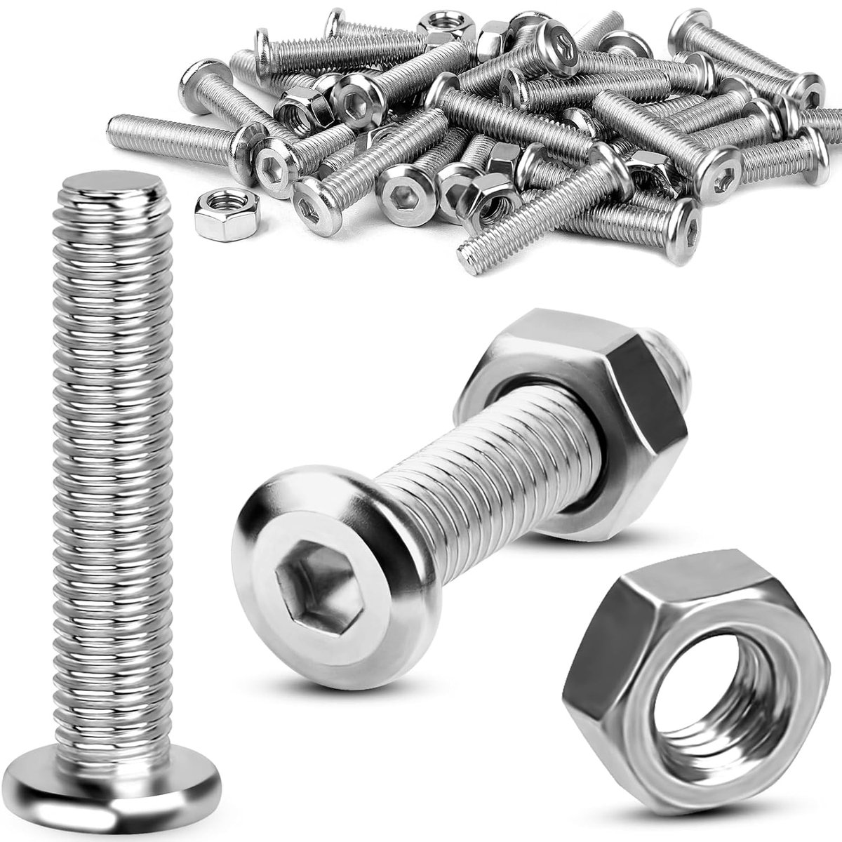 Sets platte kopschroeven, set zilveren roestvrijstalen schroeven, zeskantschroeven met moeren, lenskopschroeven voor hout, meubelreparatie, montage, werkbank