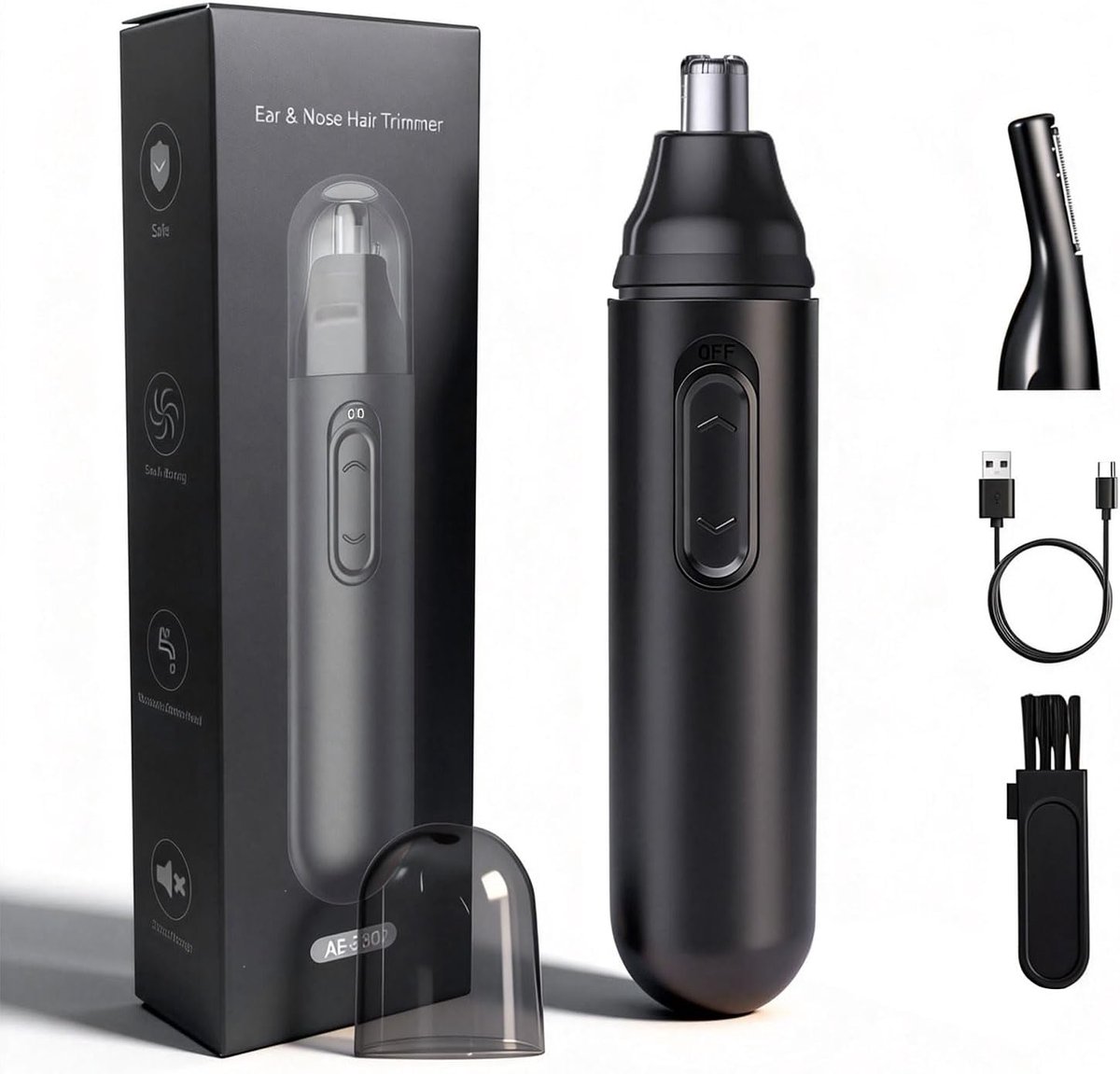 Neustrimmer voor Mannen & Vrouwen, 2-in-1 Wenkbrauw- en Neushaartrimmer met 2 Verwisselbare Opzetstukken, Elektrische Gezichtstrimmer, Draadloos & USB Oplaadbaar, Compacte Haartrimmer voor Gezichtsverzorging