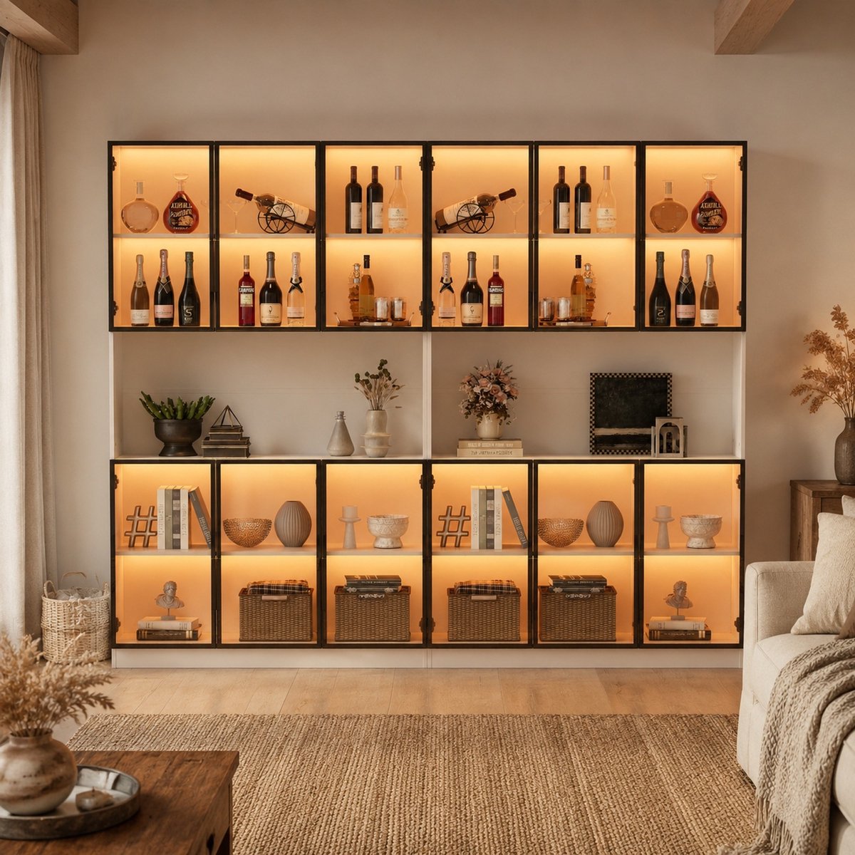 MEUNIQ Vitrinekast 240 x 34 x 200 cm met 12 glazen deuren, open displayvak, appgestuurde LED-verlichting en softclose-scharnieren voor woonkamer, wit