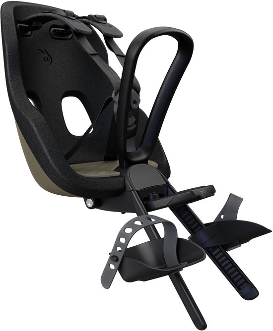 Un siège enfant Thule Yepp Nexxt 2 mini noir avec des accents kaki, isolé sur fond blanc.