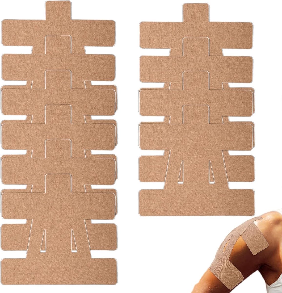 10 Stuks Precut Kinesiotape voor Schouderondersteuning, Ademend en Latexvrij Sporttape voor Spierstabiliteit, Geschikt voor Mannen en Vrouwen (Beige)