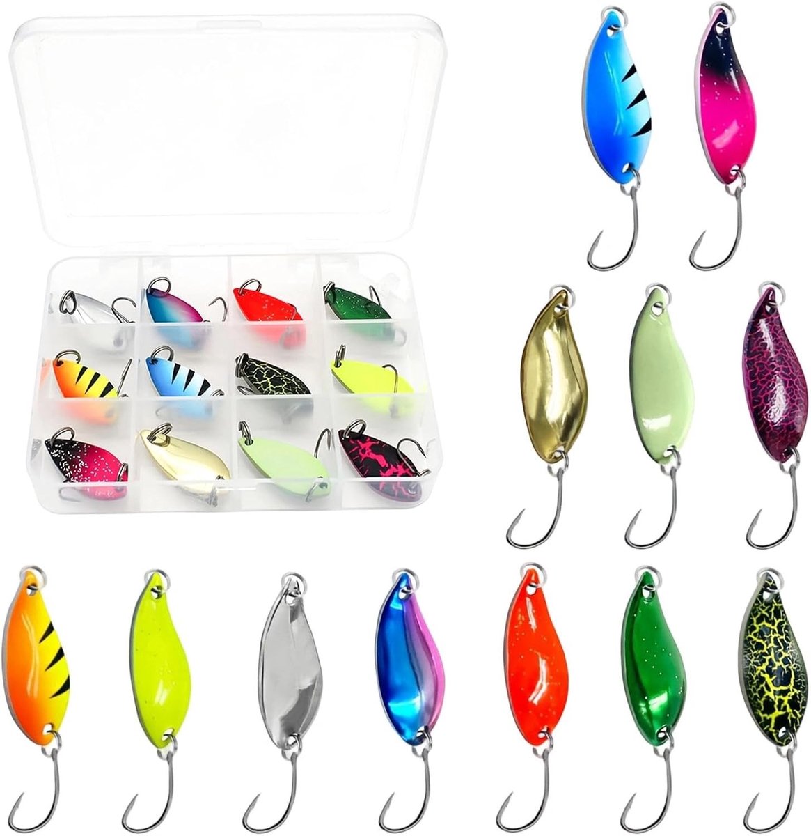 Kleurige Spinner Set voor Forelvissen - 12 Stuks, 3.5g, Reflecterende Aas, Sterke Haken, Inclusief Opbergdoos