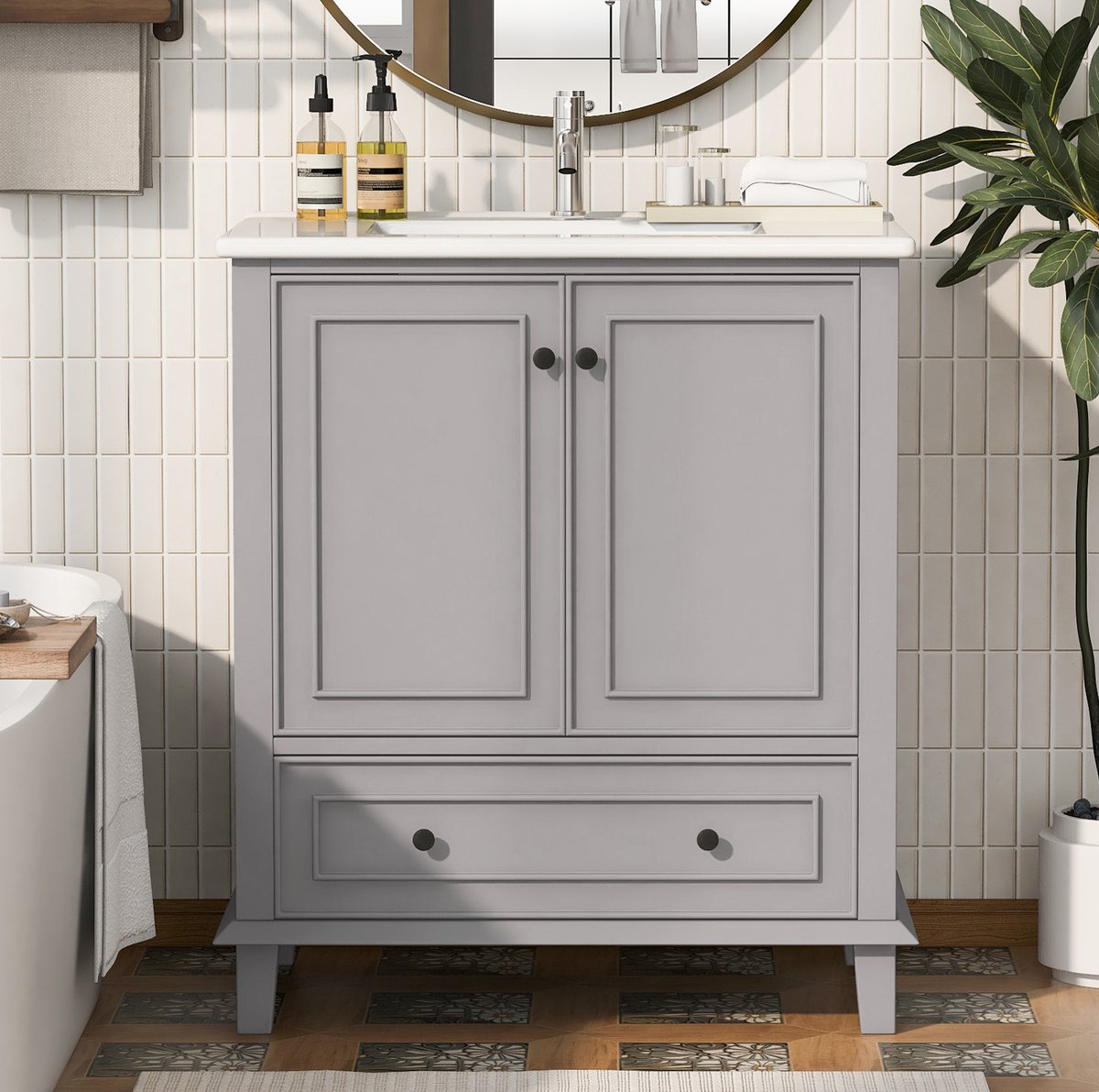 MEUNIQ Staand badkamermeubel 76 x 46 x 87 cm met keramische inbouw wastafel, 2 deuren, lade en verstelbare plank voor badkamer, grijs