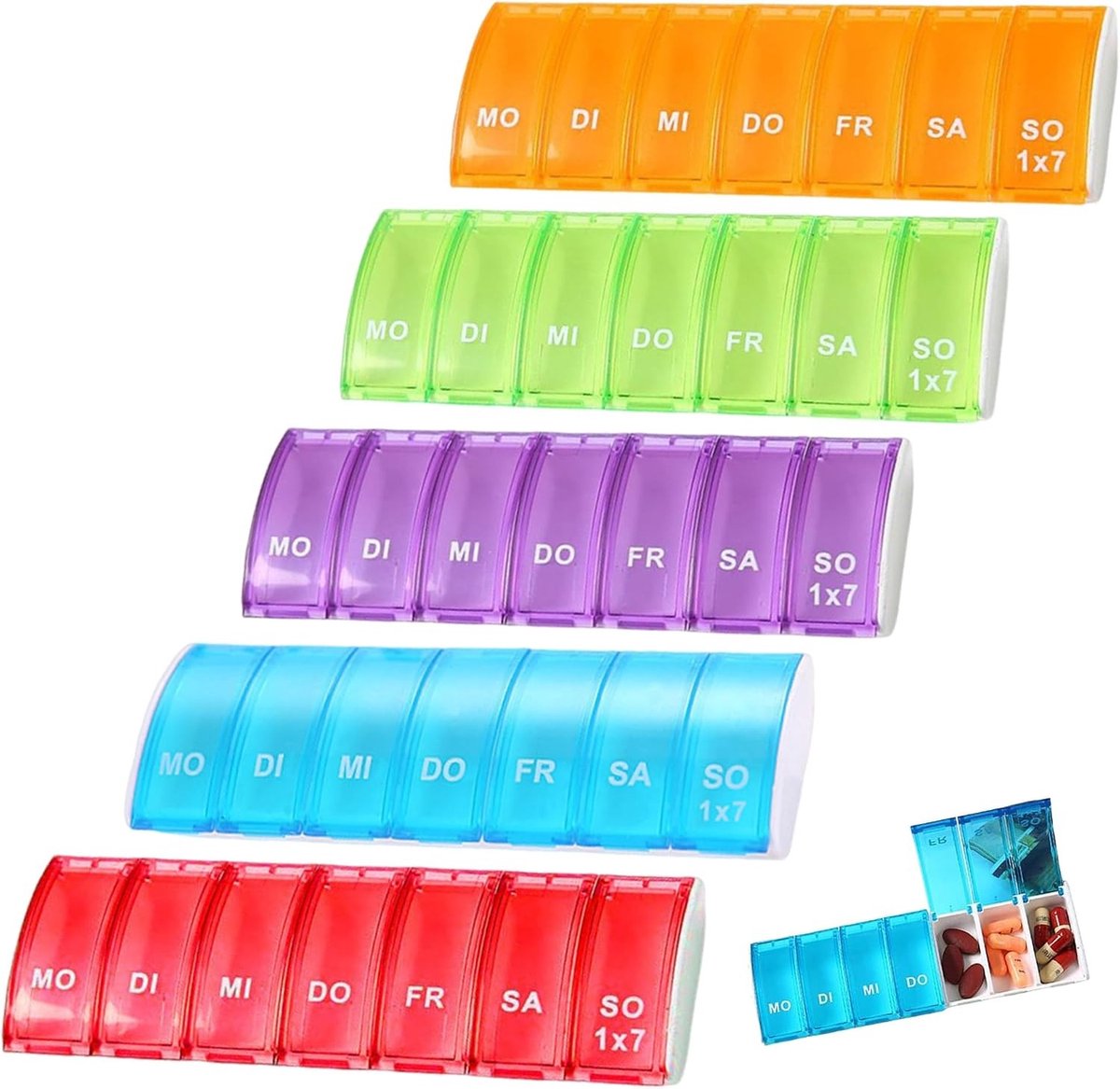 Tabletten Organizer voor Medicijnen - 5 Stuks Weekdoos met 7 Compartimenten - Herbruikbare Mini Pillendoos in Regenboogkleuren