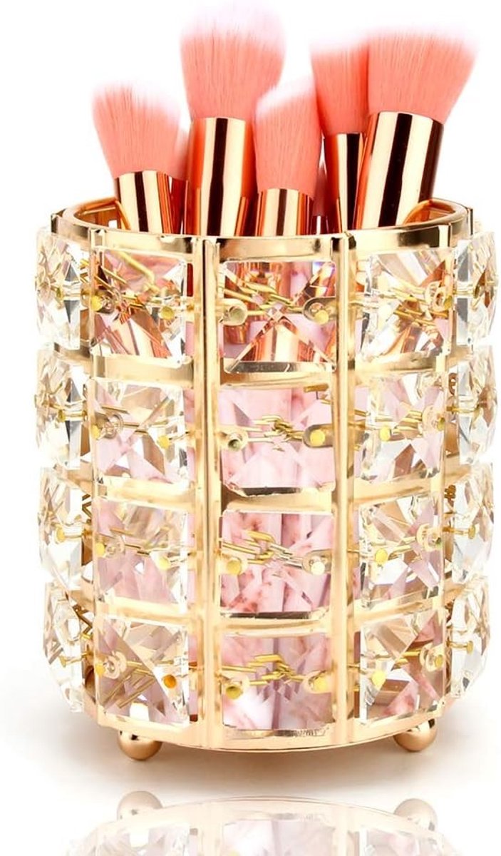 Elegante Opbergdoos voor Make-upkwasten - Kristallen Organizer voor Cosmetica en Bureau Decoratie in Goud