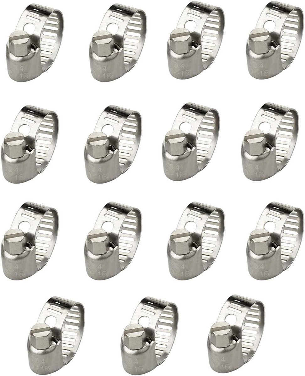 Verstelbare RVS Slangklemmen voor Diverse Toepassingen, 15-pack (10-16mm) - Duurzaam en Roestvrij, Ideaal voor Tuin en Auto