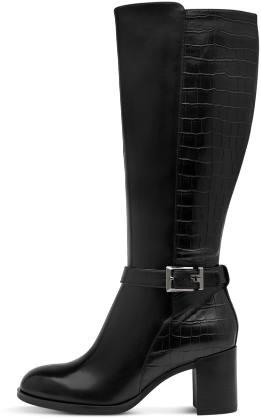 Botte noire Tamaris pour femme, à talon bloc, boucle et imprimé crocodile.