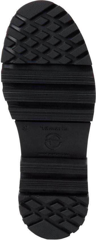 Zool van zwarte laars met Tamaris-logo en noppenprofiel.
