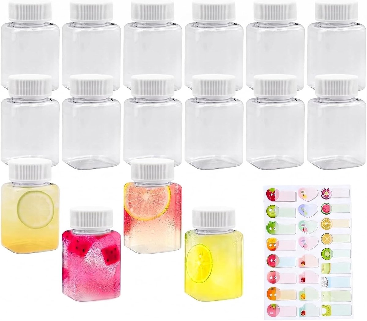 Set van 16 Transparante Vierkante Flessen van 100ml met Deksel - Herbruikbare Waterdichte Flessen voor Sap, Melk en Koffie