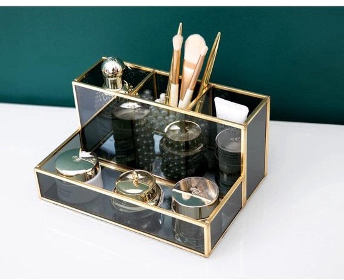 Cosmetica-organizer HARLIANGXY, make-uporganizer, beauty-organizer houder, make-upkwastenhouder, goudkleurig, zwart glazen cosmeticabox, bewaarplek voor make-up, transparant, decoratief blad, 20 x 14 x 10 cm