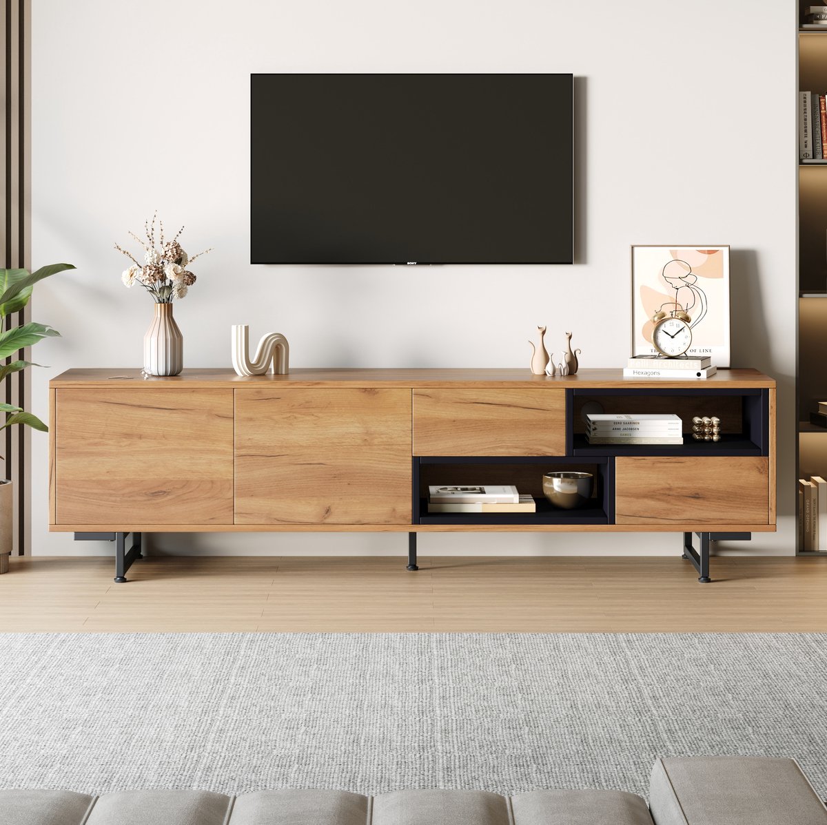 MEUNIQ TV-meubel 173 x 38 x 48 cm met 2 deuren, 2 open vakken, 2 diagonale lades en kabeldoorvoer voor tv’s tot 70 inch - houtkleur Wood
