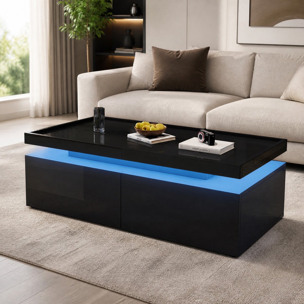 MEUNIQ Salontafel 95 x 45 x 35 cm met LED-verlichting, 2 lades en halfopen vak, hoogglans zwart, USB en app-bediening voor woonkamer