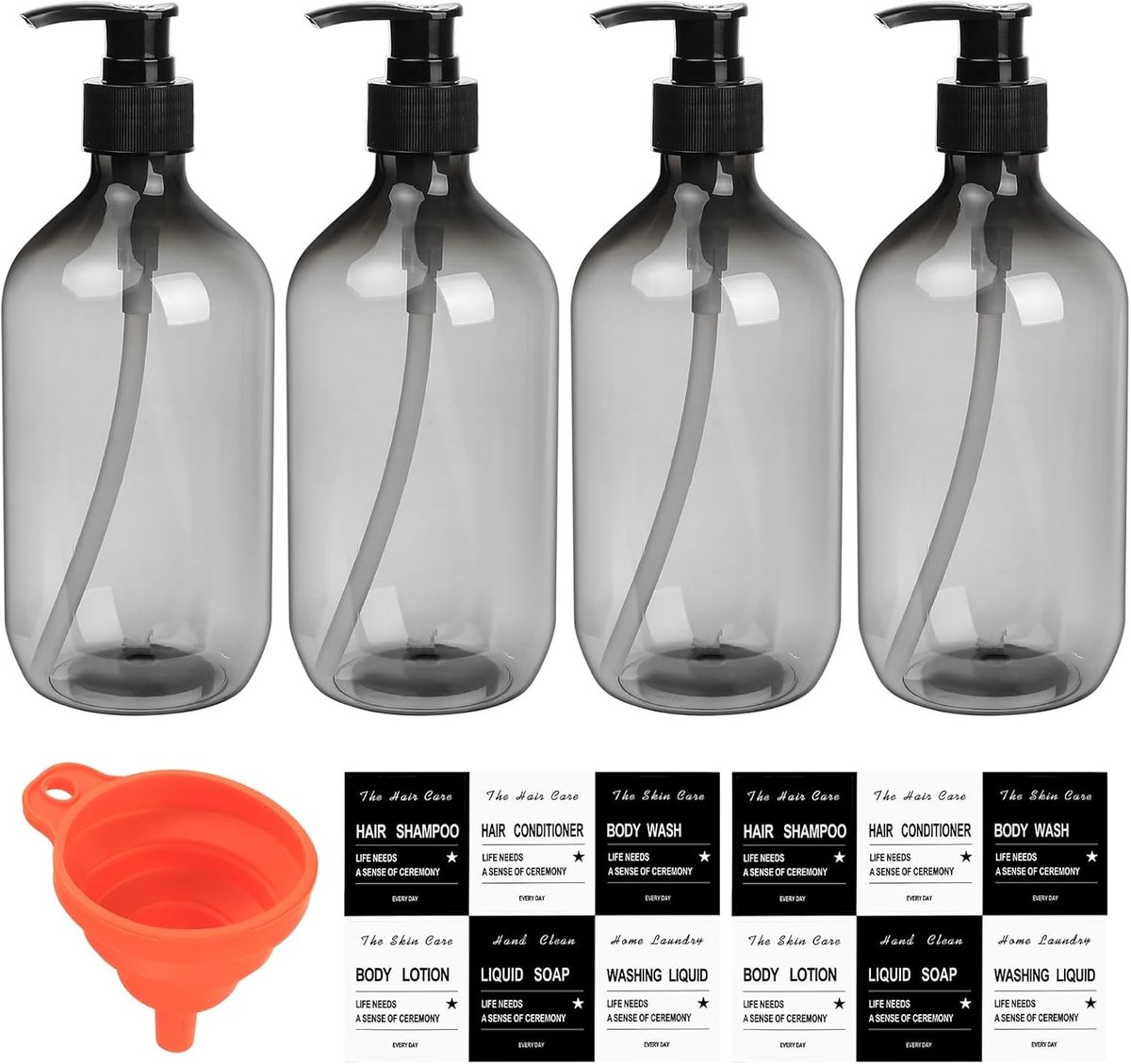 Set van 4 Stuks 500ml Lege Vulpompen voor Keuken en Badkamer - Herbruikbare Dispenser Flessen voor Vloeibare Handzeep, Afwasmiddel en Schoonmaakmiddelen met Trechter en Labels - Transparant Zwart