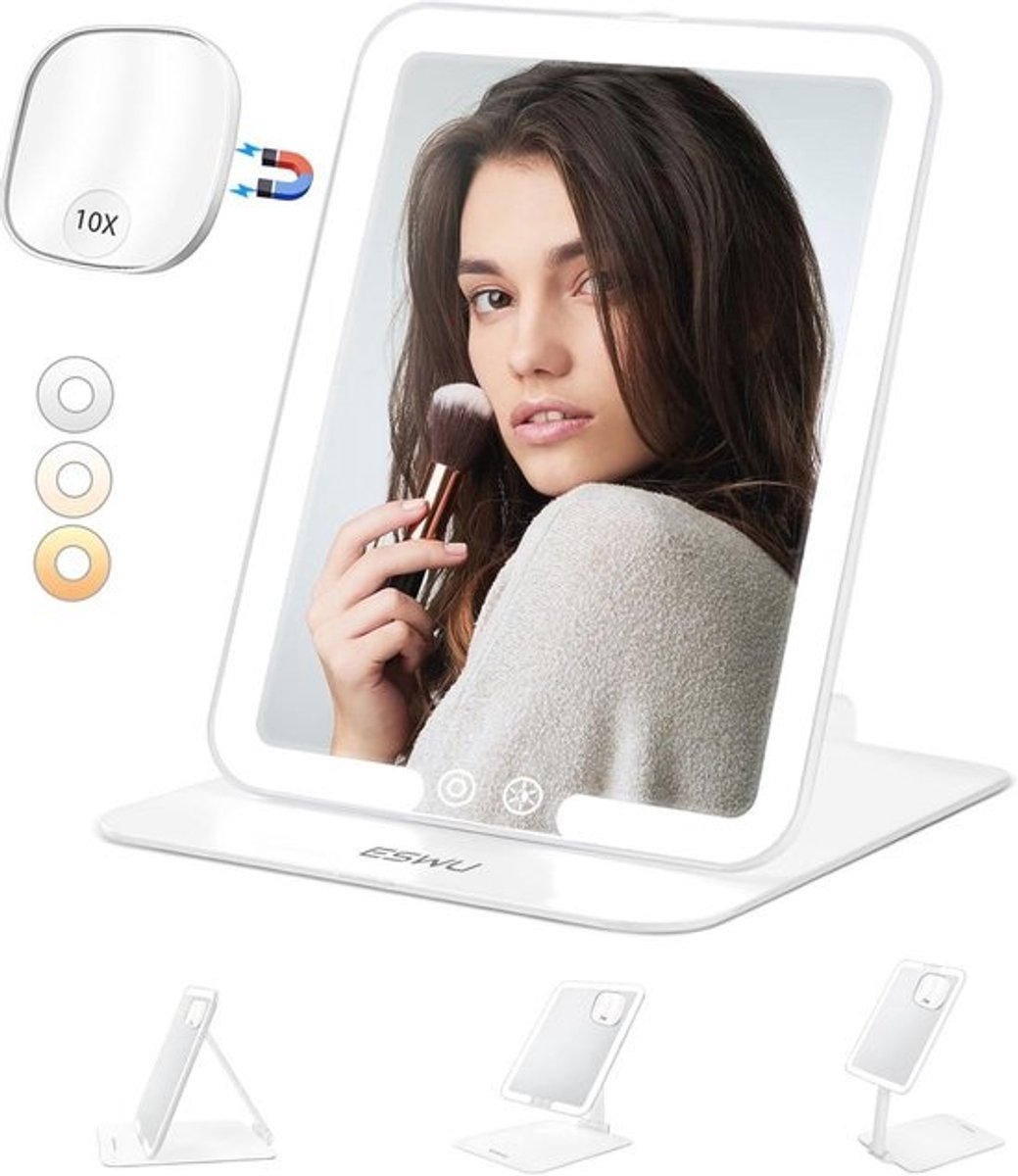 Draagbare opvouwbare make-up spiegel met licht en 10x vergroting