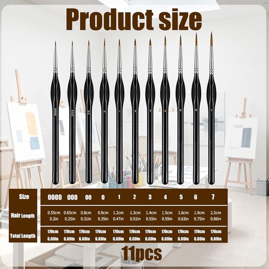 11-delige detailpinsel set - Ultra fijne precisiepenselen voor miniaturen, modelbouw en figuurtjes - Maten 00000 tot 7 - Ergonomische grip - Synthetische penselen zonder haaruitval - Zwart — afbeelding 2