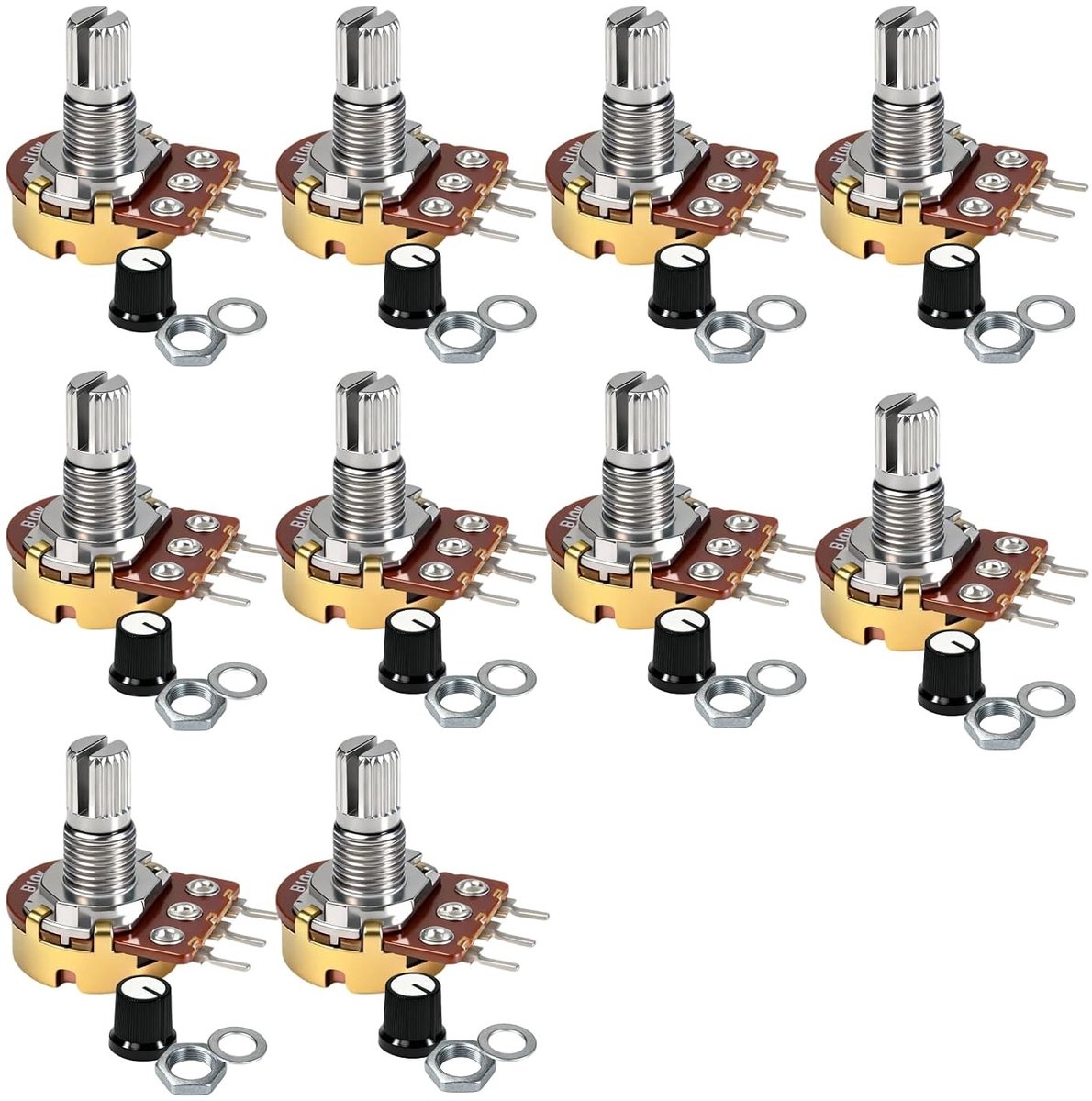 Set van 10 lineaire 10K potentiometers met knoppen, moeren en ringen voor 12V toepassingen
