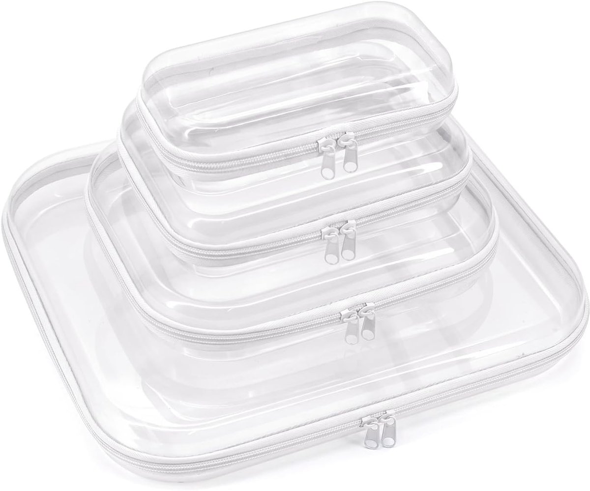 Set van 4 doorzichtige harde schaal reistassen met ritssluiting, waterdichte reistoilettas, doorzichtige harde schaal, speelgoedtassen met dubbele ritssluiting (wit)