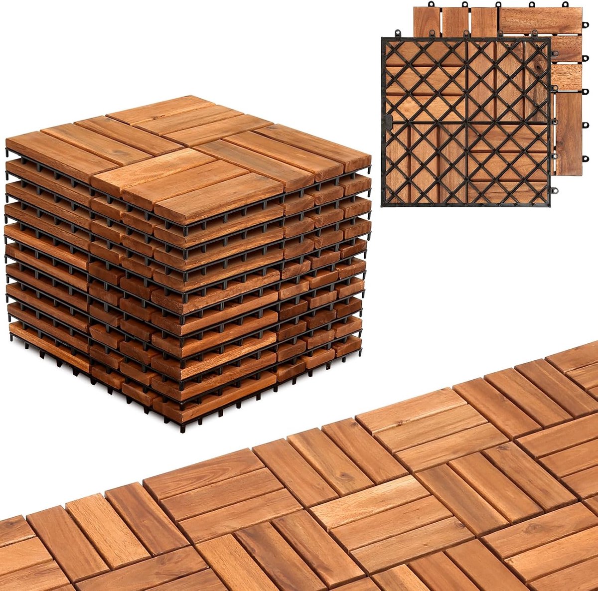 Houten tegels, balkontegels, terrastegels, 30 x 30 cm, balkonvloer, weerbestendig, 12 latten, tegels van acaciahout, voor terrassen, balkon, tuin (55 stuks)