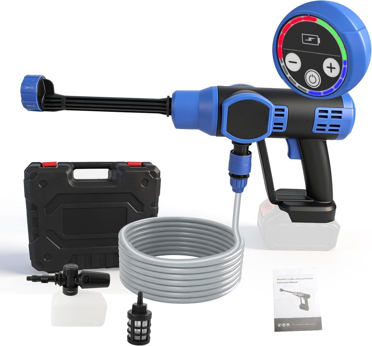 Draagbare hogedrukreiniger met 6-in-1 multifunctioneel mondstuk en 5 m slang, accu-hogedrukreiniger voor auto, tuin, terras, huisreiniging