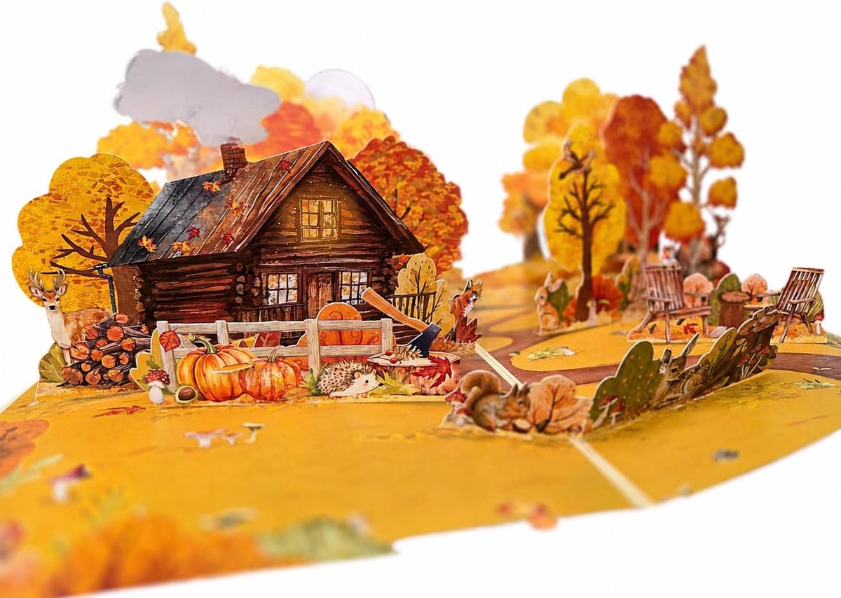 3D pop-up kaart herfstlandschap met boshut, herten en bosdieren, gedetailleerde herfstkaart als cadeau-idee voor verjaardag, pensioen, natuurvrienden en speciale gelegenheden, inclusief witte envelop