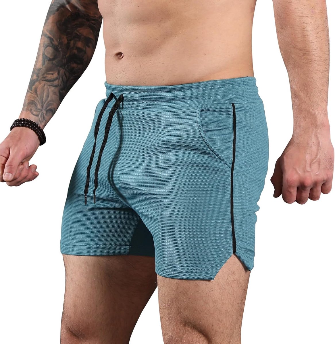 Shorts voor heren, sportshorts, gym, fitness, wafelshorts, licht, ademend, met zakken