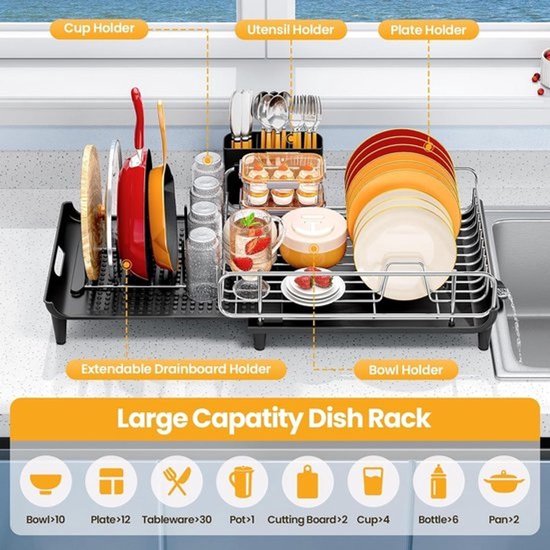 TOOLF Expandable Dish Rack, Countertop Dish Rack, Foldable Dish Rack, Stainless Steel Dish Racks with Cutlery Holder, Folding Drying Racks for Washing Dishes, Large Size, Black — afbeelding 2