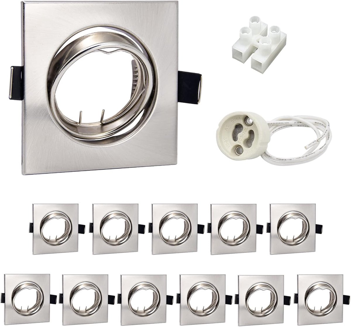 12 LED Recessed Spotlights Frame GU10 Socket Set Swivelling Brushed Stainless Steel Recessed Spotlights 68 mm Square 230 V Mounting Frame without Bulb