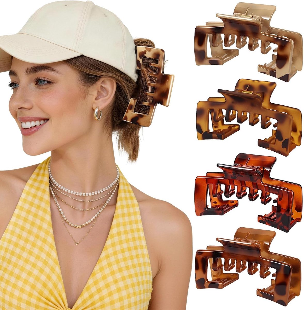 4 stuks grote haarclips met luipaardpatroon, schildpadlook haarspelden voor baseballpet, antislip haarklemmen, haaraccessoires voor dik en dun haar