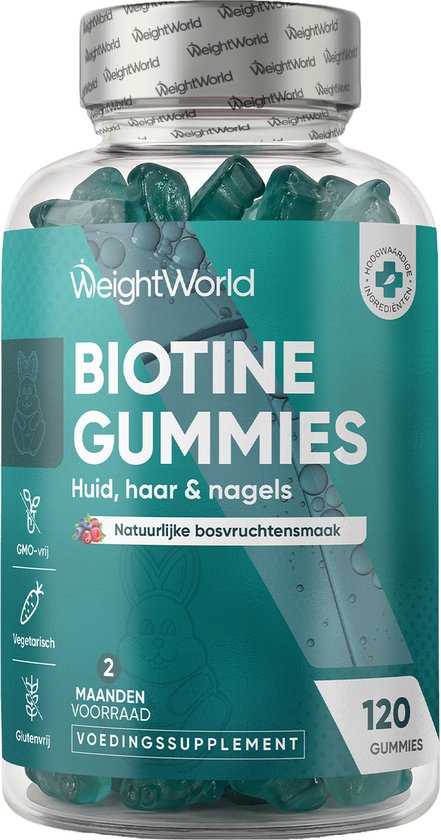 Een pot WeightWorld Biotine Gummies, groen van kleur, met de tekst 'Huid, haar & nagels' en 'Natuurlijke bosvruchtsmaak'. Vegetarisch.