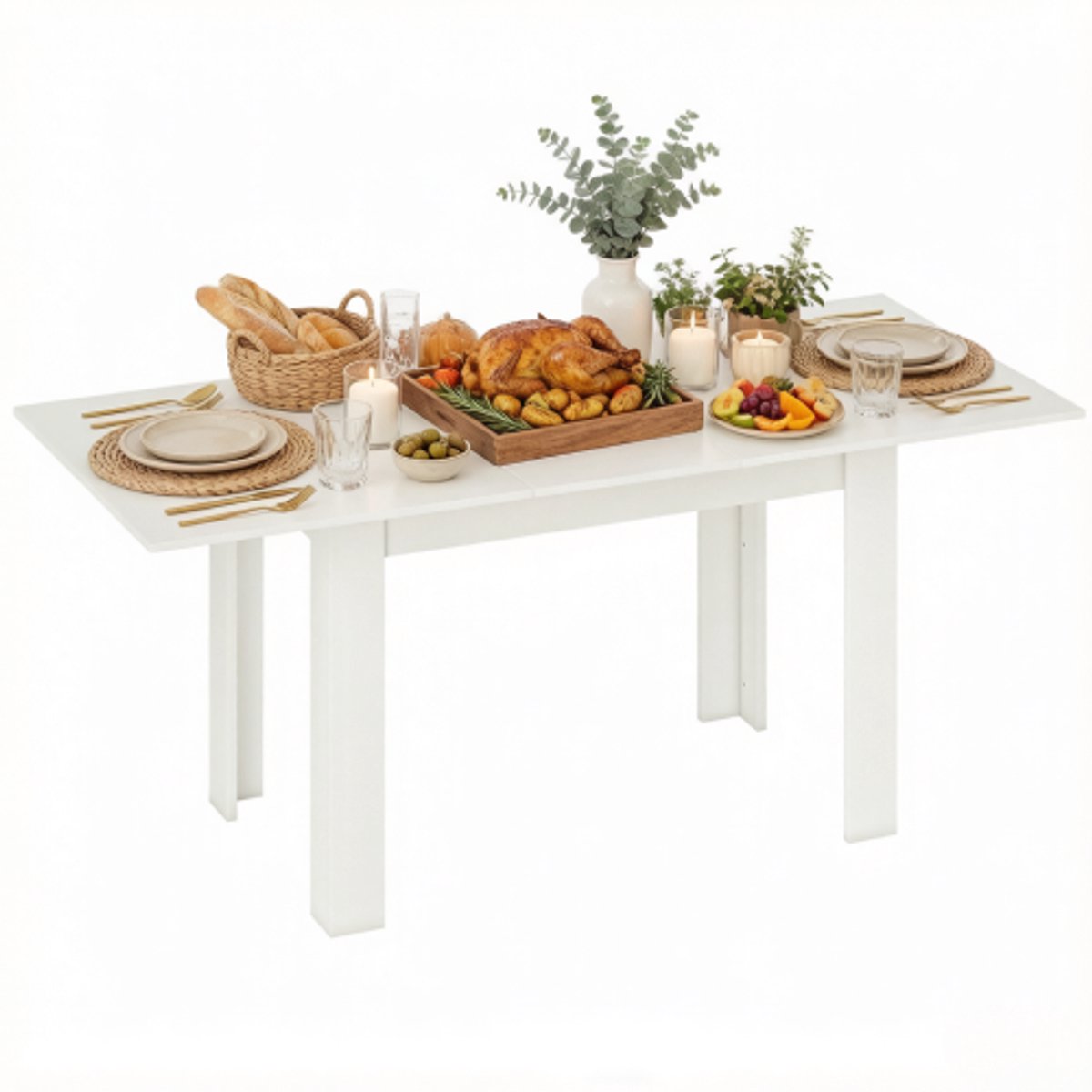 Uitschuifbare eettafel - Moderne eettafel wit - Krasbestendig tafelblad - Soepele stalen rails - 6 tot 8 personen - Eetkamer - 180x80 cm - Wit