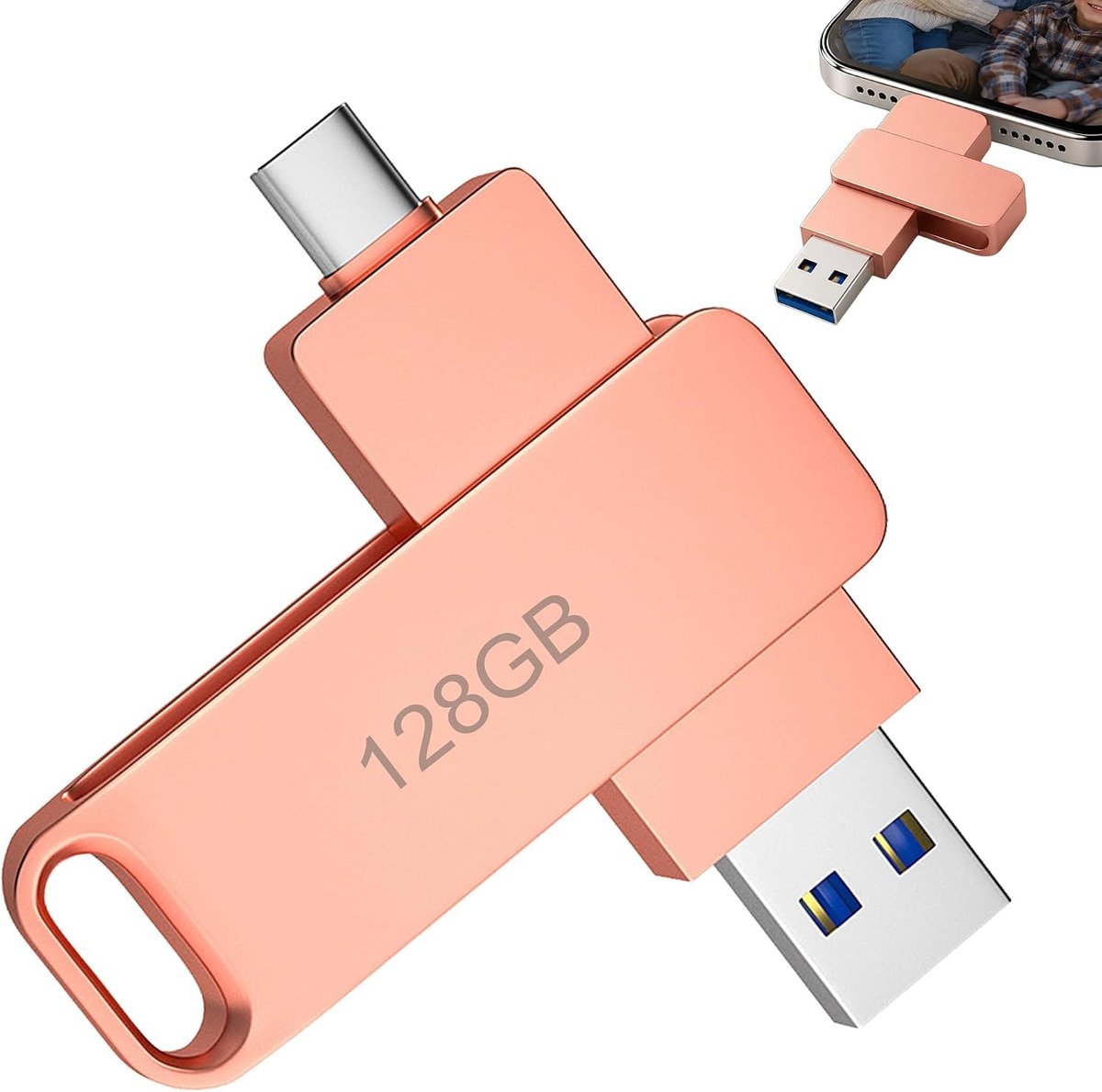 USB-stick, 128 GB, USB-C & USB-A, overdracht 200 MB/s, opslag voor mobiele telefoon, aluminium behuizing, compatibel met iPhone USB-C, Android, PC en MacBook, Plug & Play, roségoud