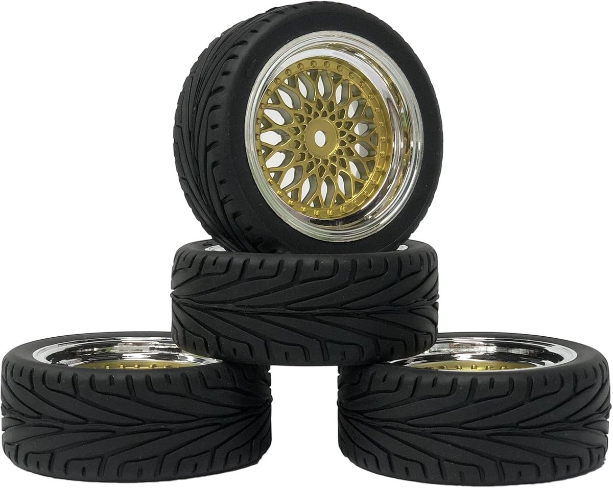 Wielenset, KINGCOO 4 stuks 65mm rubberen banden kunststof coating wielvelgen 12mm hex voor 1/10 RC On-Road Run-Flat Touring Racing Auto (goud zilver)
