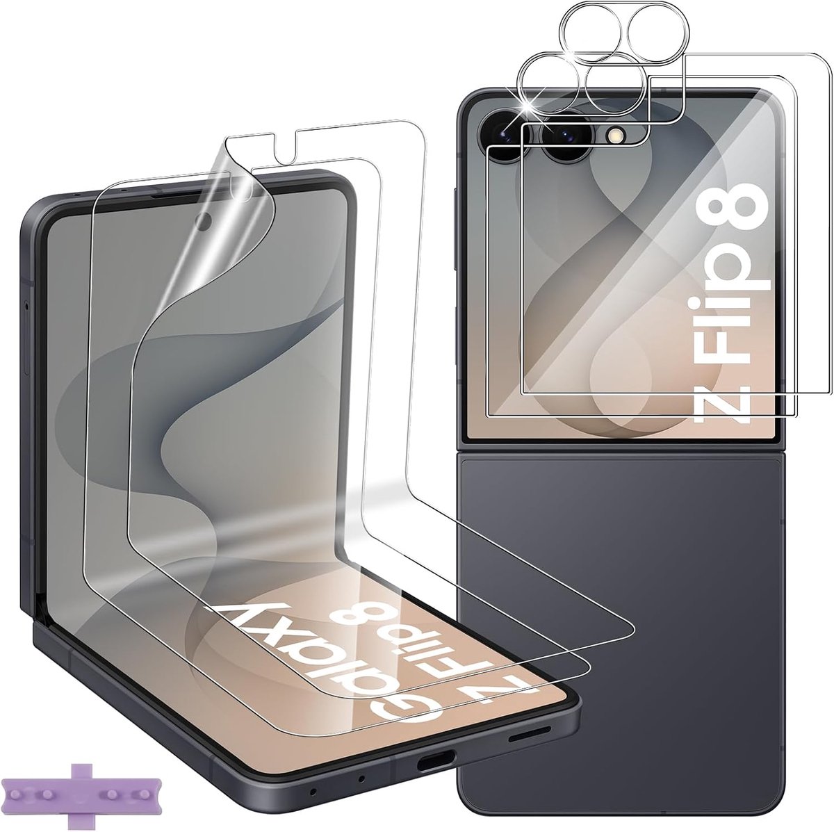 Lutree Voor Samsung Galaxy Z Flip 8 5G / Z Flip8 5G voor pantserglas, 2 + 2 + 2 stuks binnenste TPU beschermfolie + achterkant beschermend glas + camerabeschermingsfolie, HD displayfolie anti-kras